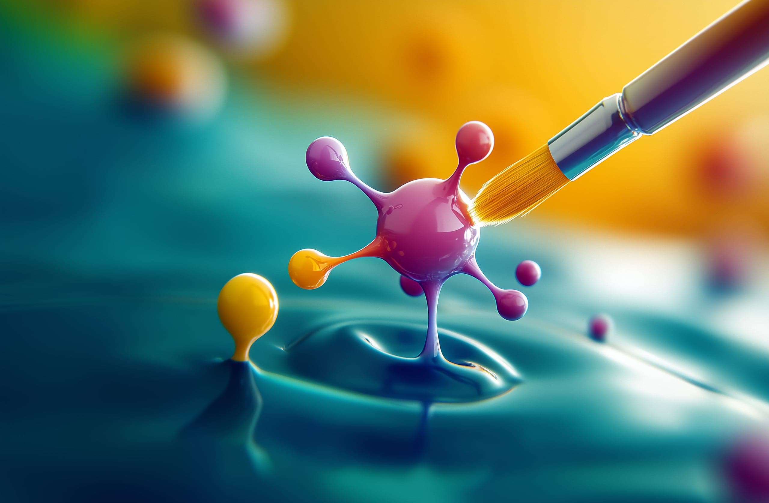 Paintbrush coating a glossy molecule above a teal liquid surface